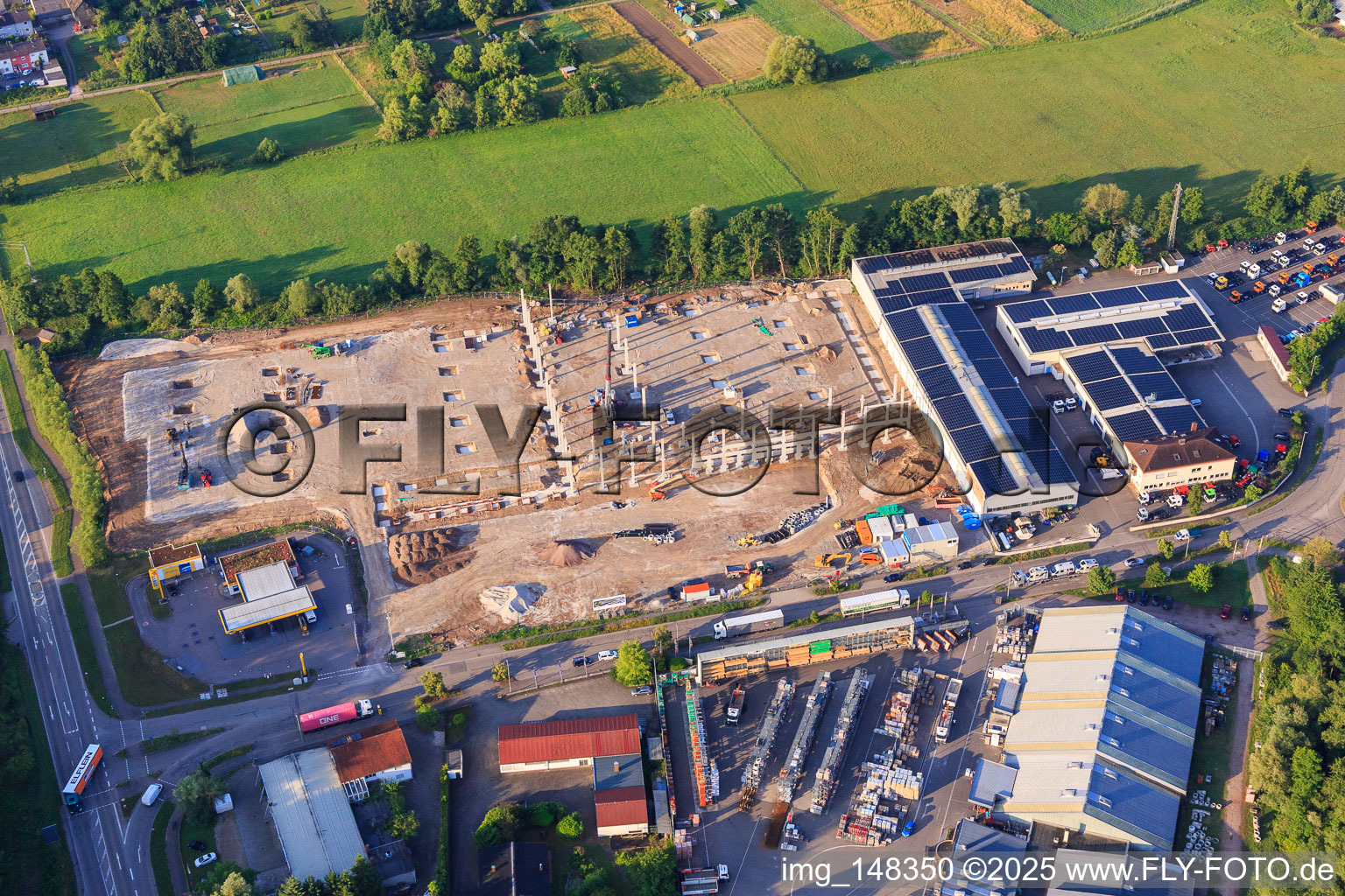 Aerial photograpy of Construction site of the new logistics park of HANSAINVEST and DFI-Real-Estate Kandel after demolition of the OBI market in the district Minderslachen in Kandel in the state Rhineland-Palatinate, Germany