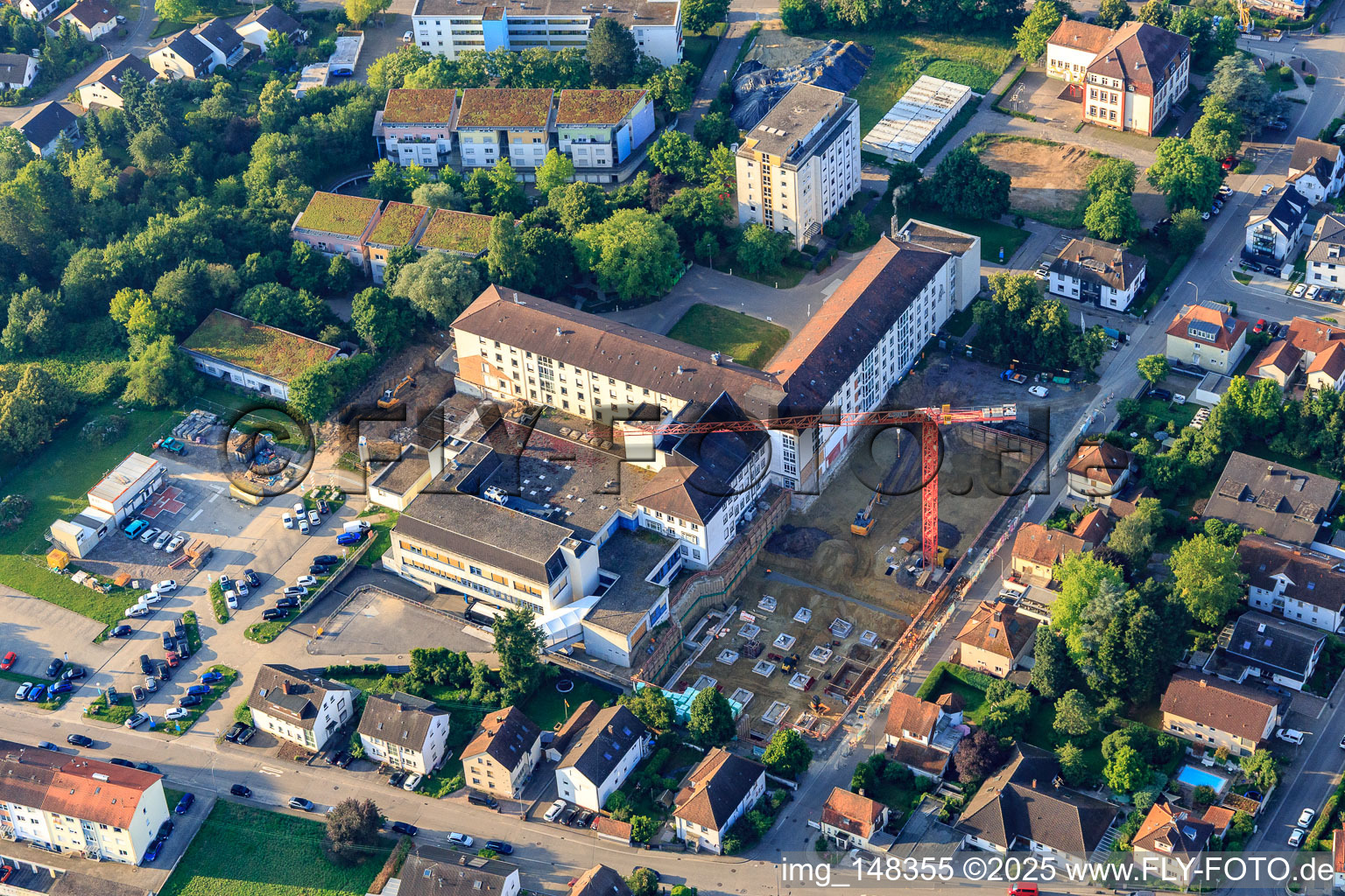 Aerial view of Construction site for the expansion of the Asklepios Südpfalzklinik Kandel in Kandel in the state Rhineland-Palatinate, Germany