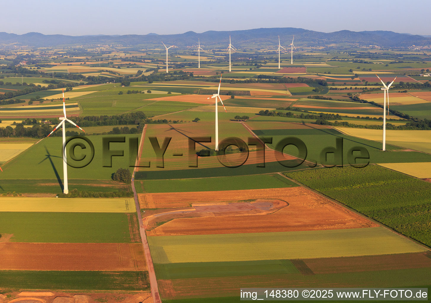 Repowering Wind Farm Minfeld. JUWI replaces four old turbines (GE 1.5) from 2004 with two new, modern Vestas V162 turbines, each with six megawatts. in Minfeld in the state Rhineland-Palatinate, Germany