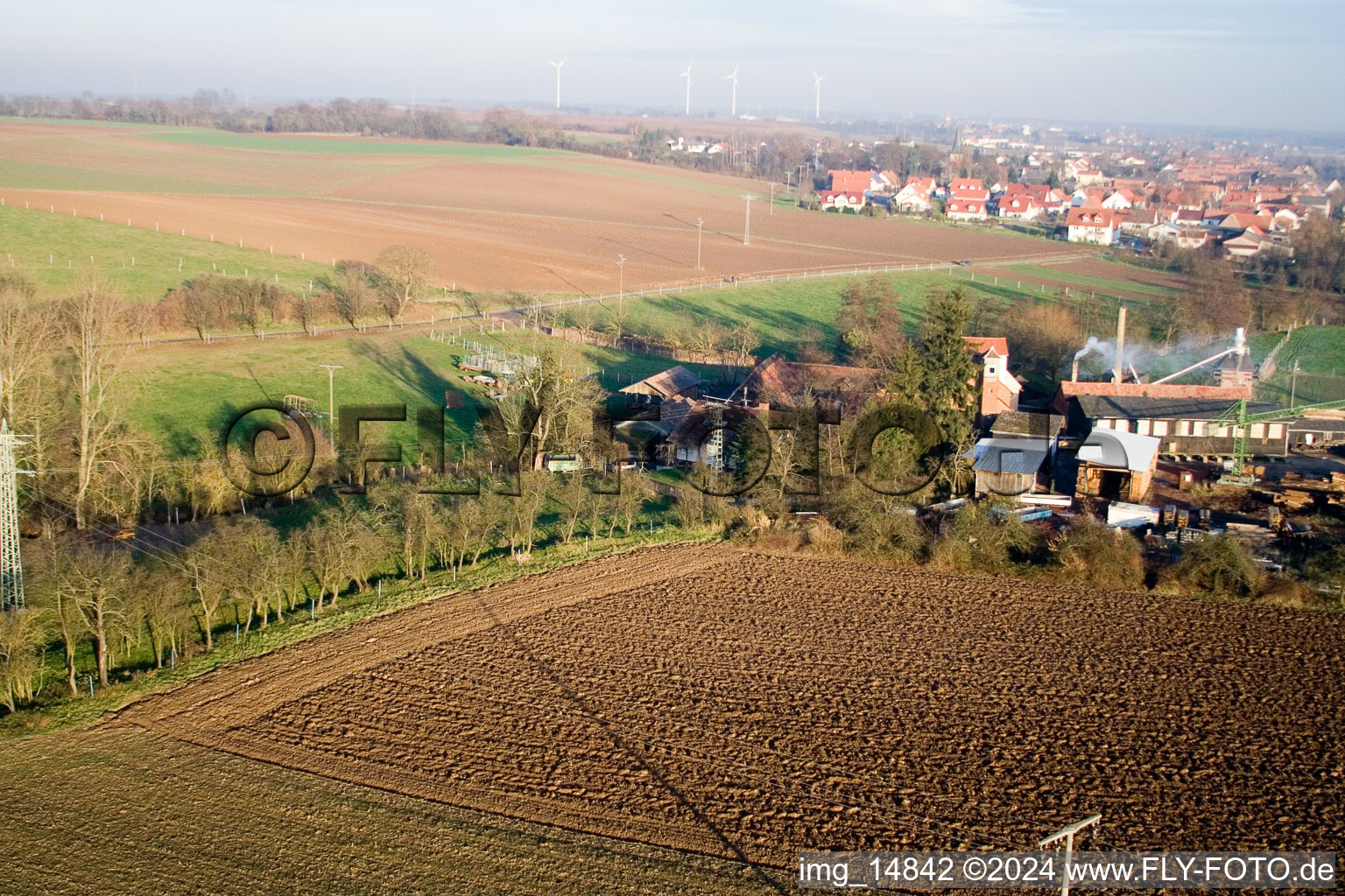 Schaidt Mill in the district Schaidt in Wörth am Rhein in the state Rhineland-Palatinate, Germany viewn from the air