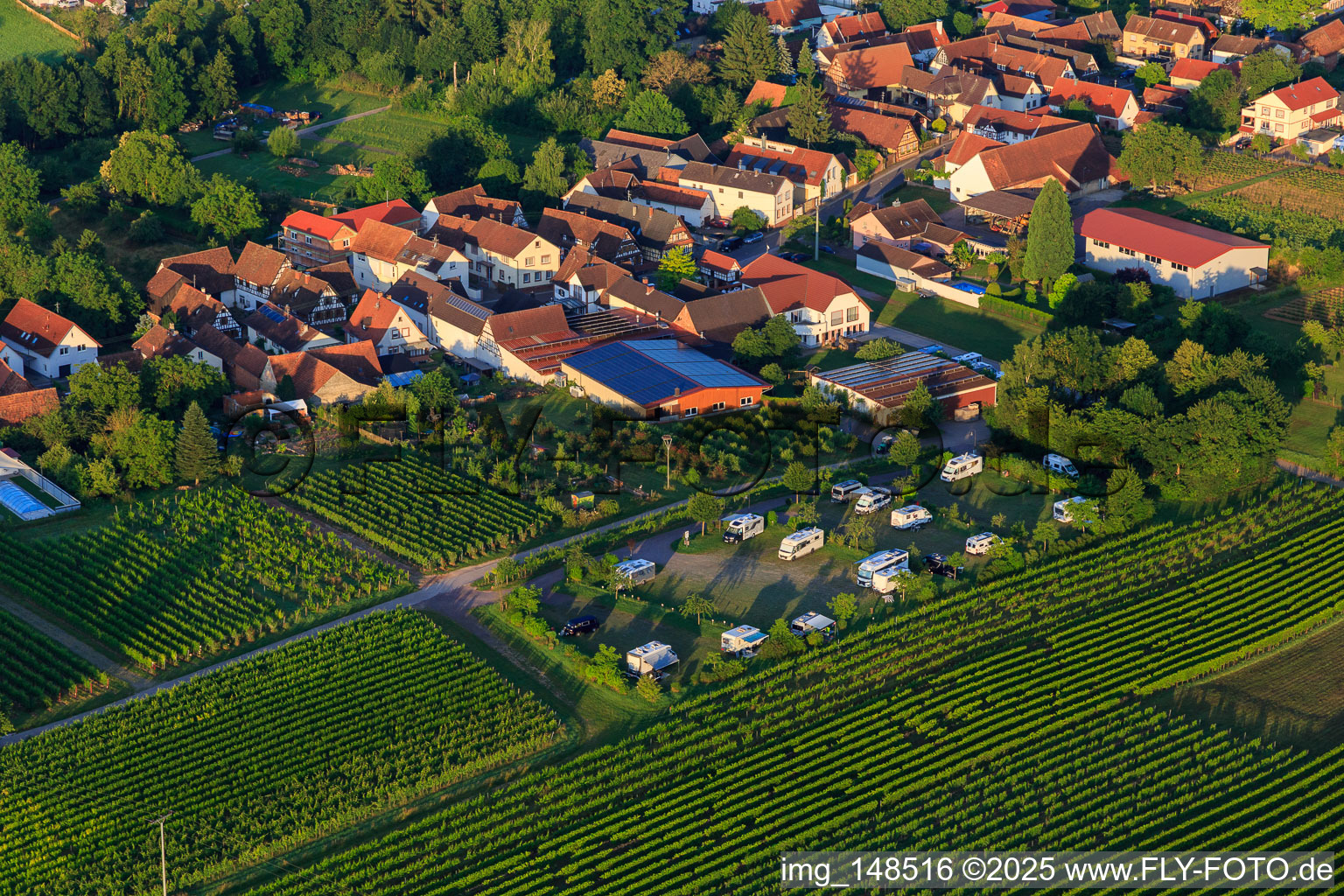 Aerial view of Village view in the morning from the north with the mobile home parking area of Weinhaus Geiger in Dierbach in the state Rhineland-Palatinate, Germany