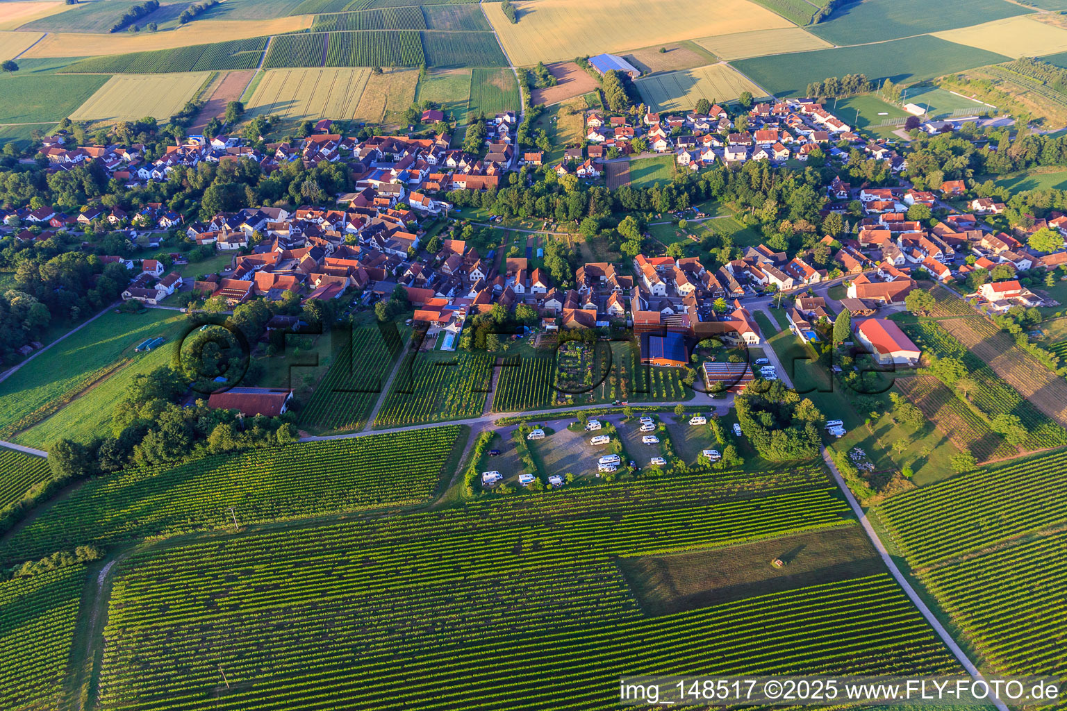 Aerial photograpy of Village view in the morning from the north with the mobile home parking area of Weinhaus Geiger in Dierbach in the state Rhineland-Palatinate, Germany