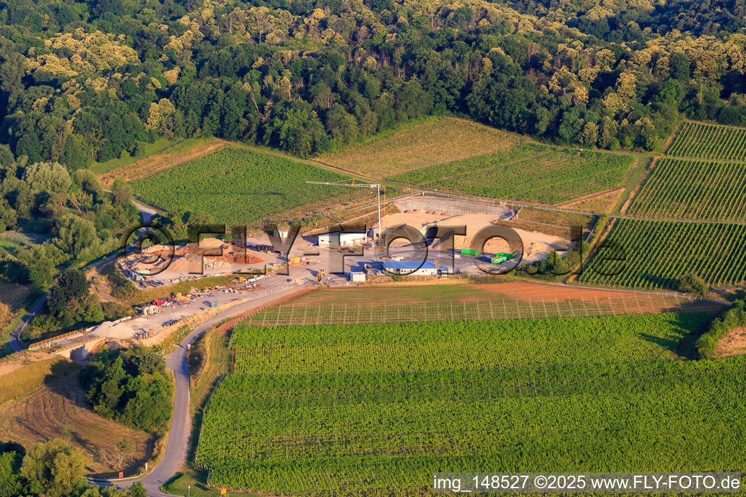 Drone recording of Construction site of the eastern tunnel portal for the Astrid Tunnel for the underpass and bypass of Bad Bergzabern between B38 (Weinstraße) and B427 (Kurtalstraße) in Dörrenbach in the state Rhineland-Palatinate, Germany