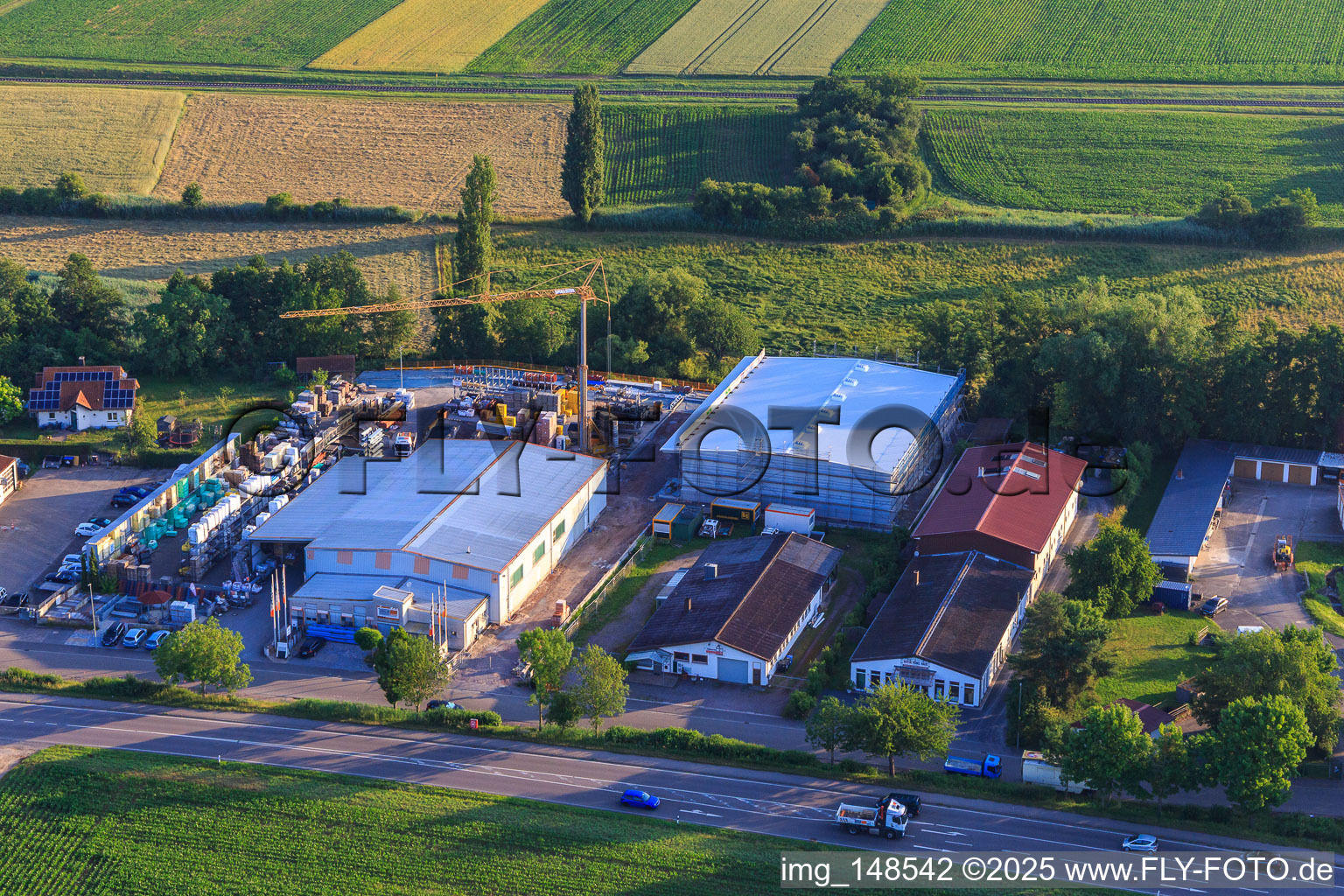 Brückwiesenstraße commercial area with Union Bauzentrum Hornbach BZA-Kapellen and natural furniture store Heinrich in the district Kapellen in Kapellen-Drusweiler in the state Rhineland-Palatinate, Germany