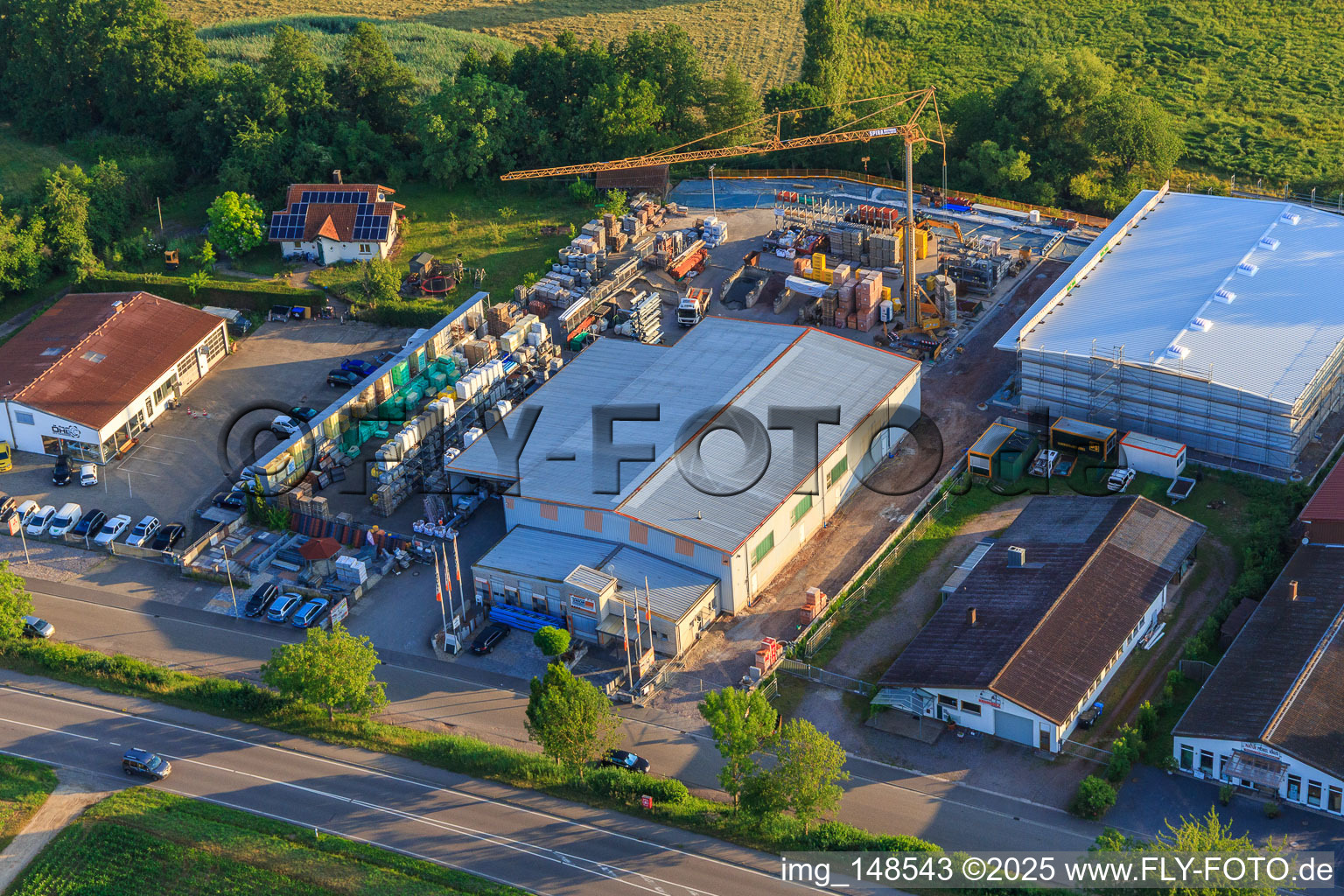 Aerial view of Brückwiesenstraße commercial area with Philipp Öhl Kfz-Handwerk GmbH, Union Bauzentrum Hornbach BZA-Kapellen and natural furniture store Heinrich in the district Kapellen in Kapellen-Drusweiler in the state Rhineland-Palatinate, Germany