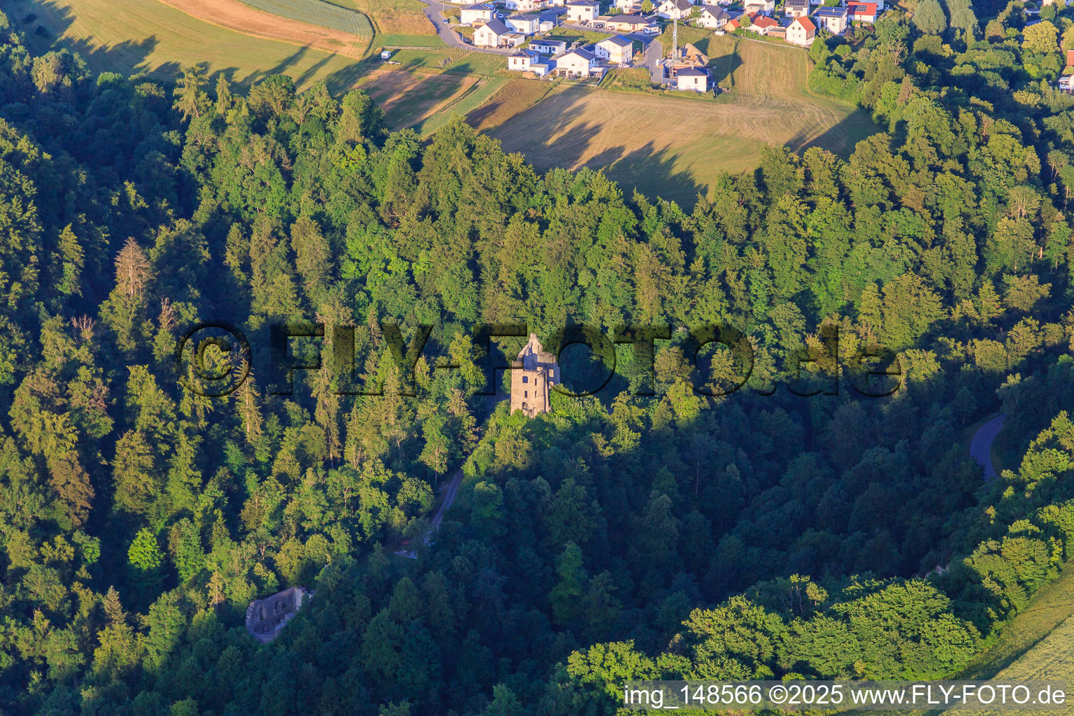 Aerial photograpy of Castle ruins Herrenzimmern in the district Herrenzimmern in Bösingen in the state Baden-Wuerttemberg, Germany