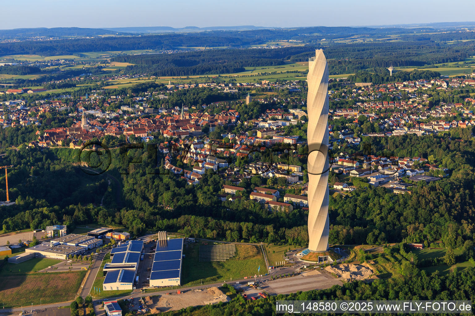 Aerial view of TK Elevator Test Tower: Elevator test tower with twisted facade membrane, 12 elevator shafts and observation deck with in Rottweil in the state Baden-Wuerttemberg, Germany