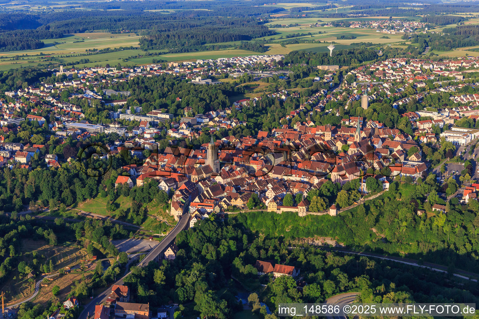 Historic old town from the east with city wall, powder tower in Rottweil in the state Baden-Wuerttemberg, Germany