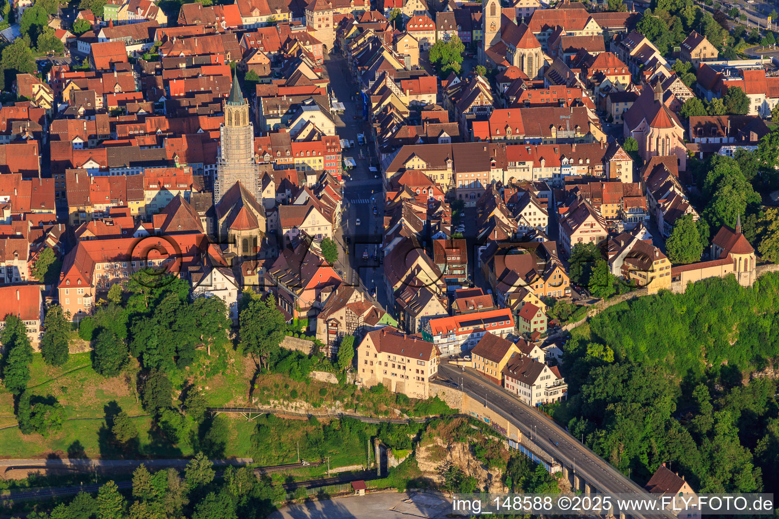 Aerial view of Historic old town from the east with main street and chapel church in Rottweil in the state Baden-Wuerttemberg, Germany