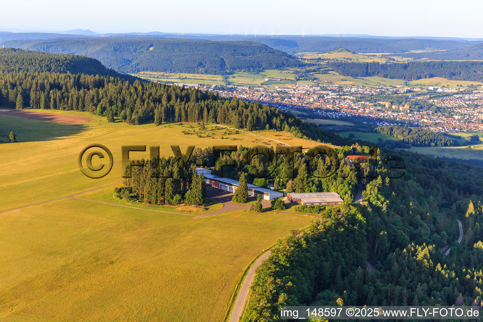 Aerial view of Aeroclub Klippeneck eV at the Klippeneck gliding grounds - AG of the flying groups at the Klippeneck eV in Denkingen in the state Baden-Wuerttemberg, Germany
