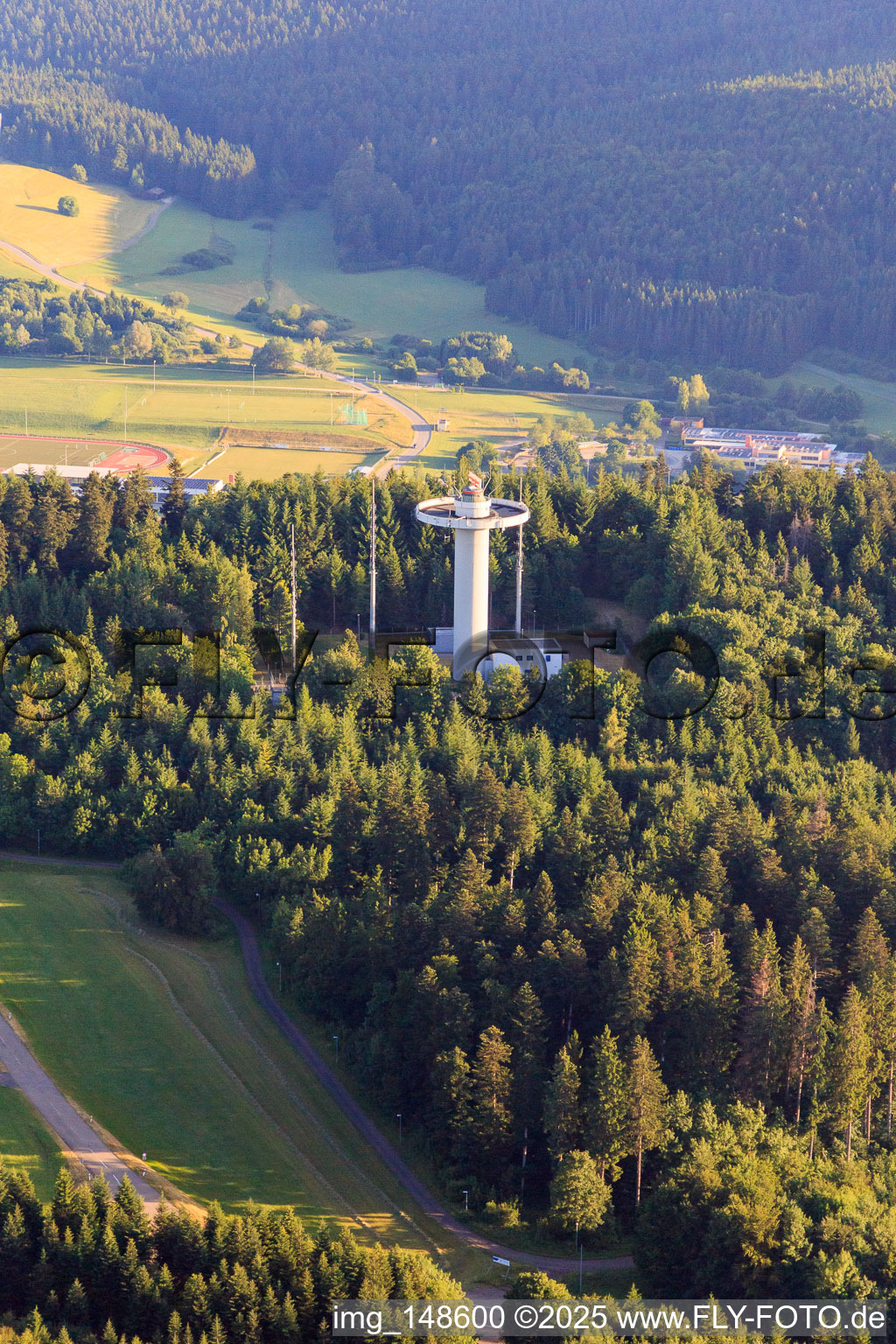 Aerial view of German Air Traffic Control radar tower at Wißen Kreuz in Gosheim in the state Baden-Wuerttemberg, Germany