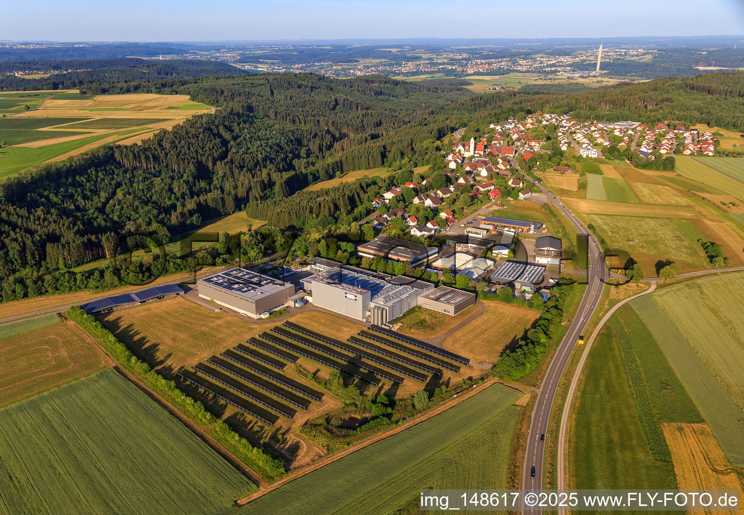 Aerial view of Open-space PV system at the Eferenstraße industrial estate with rio-sys and Gebr. Schwarz GmbH in the district Neukirch in Rottweil in the state Baden-Wuerttemberg, Germany