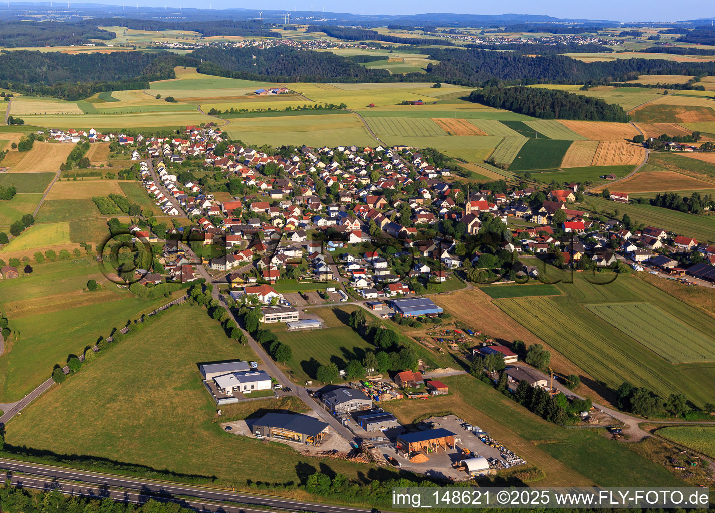 View of the town from the east beyond the A81 in the district Irslingen in Dietingen in the state Baden-Wuerttemberg, Germany