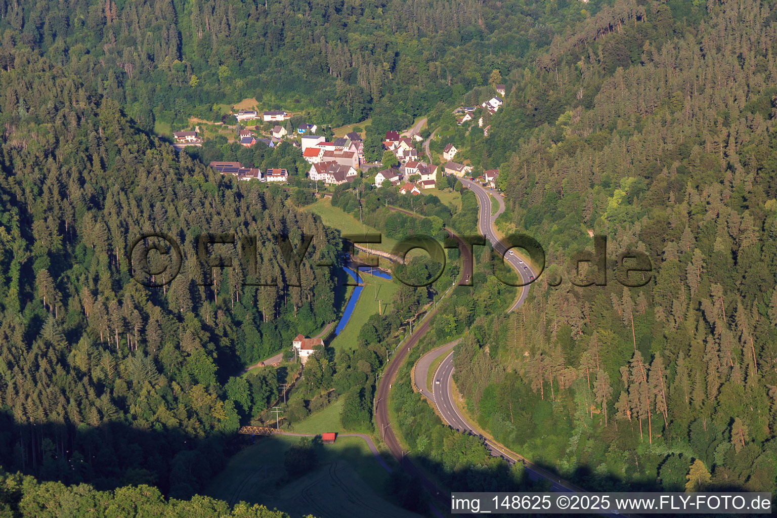 Village in the Neckar Valley with dam Talhausen in the district Talhausen in Epfendorf in the state Baden-Wuerttemberg, Germany
