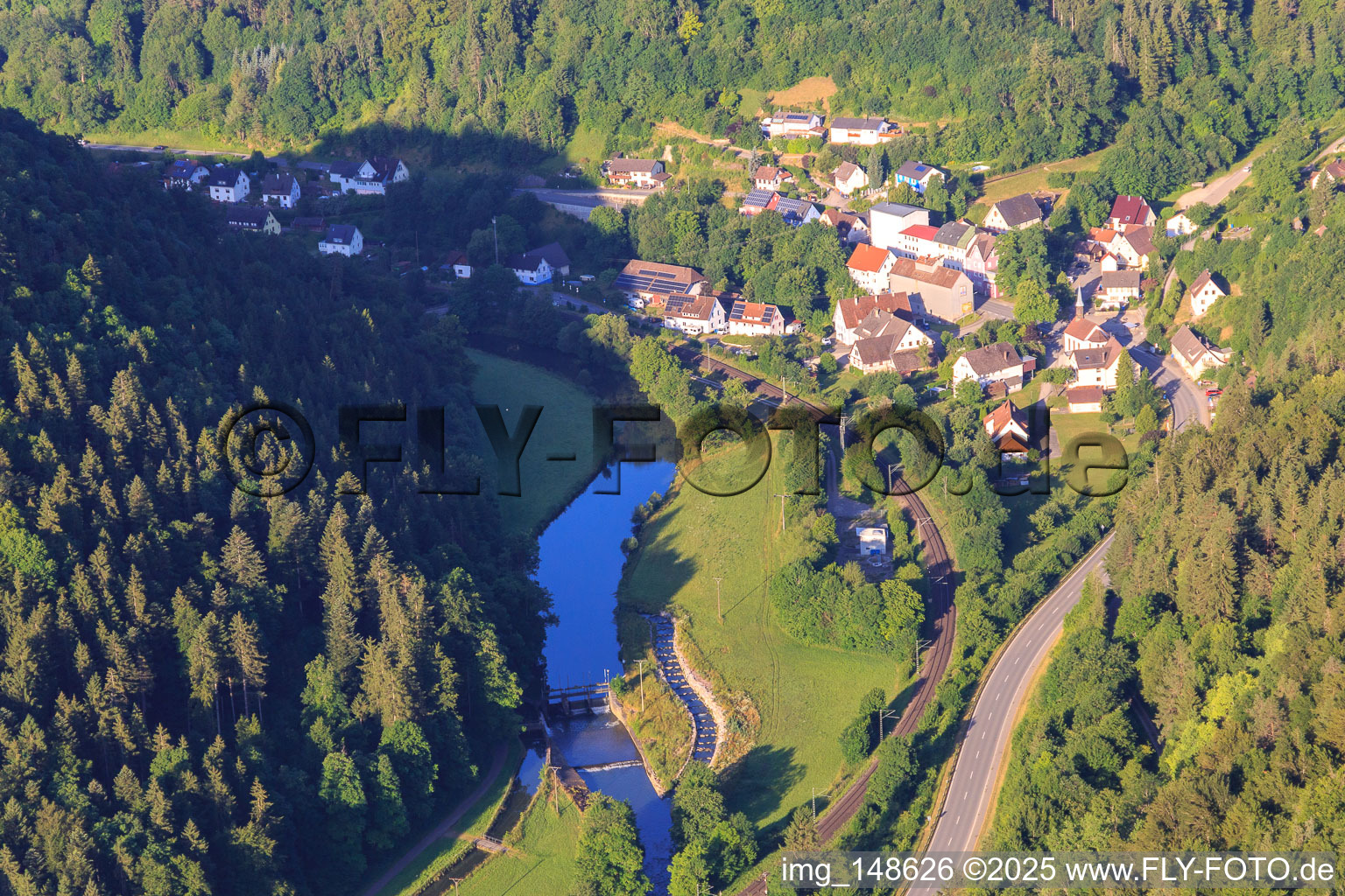 Aerial view of Village in the Neckar Valley with dam Talhausen in the district Talhausen in Epfendorf in the state Baden-Wuerttemberg, Germany