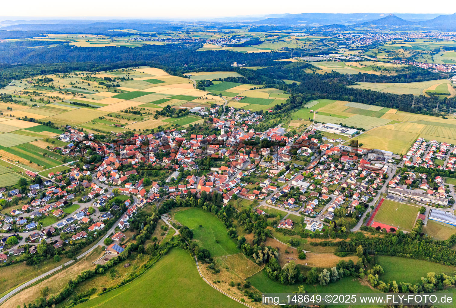 Village view from the southwest in the district Ostdorf in Balingen in the state Baden-Wuerttemberg, Germany