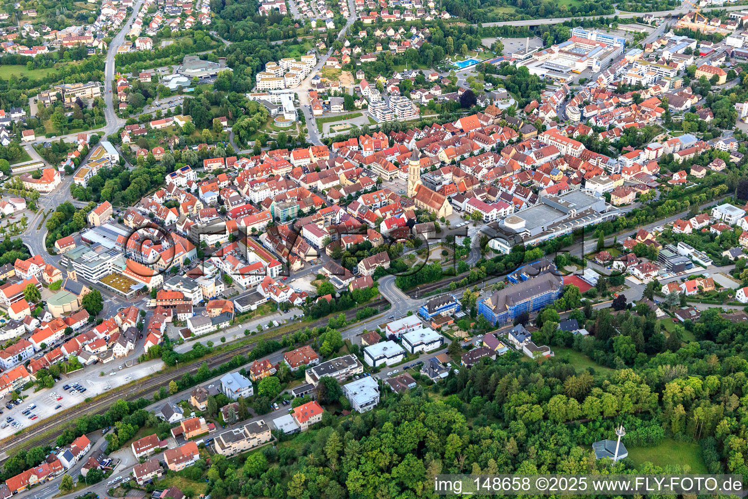 City center with town church on the market square in Balingen in the state Baden-Wuerttemberg, Germany