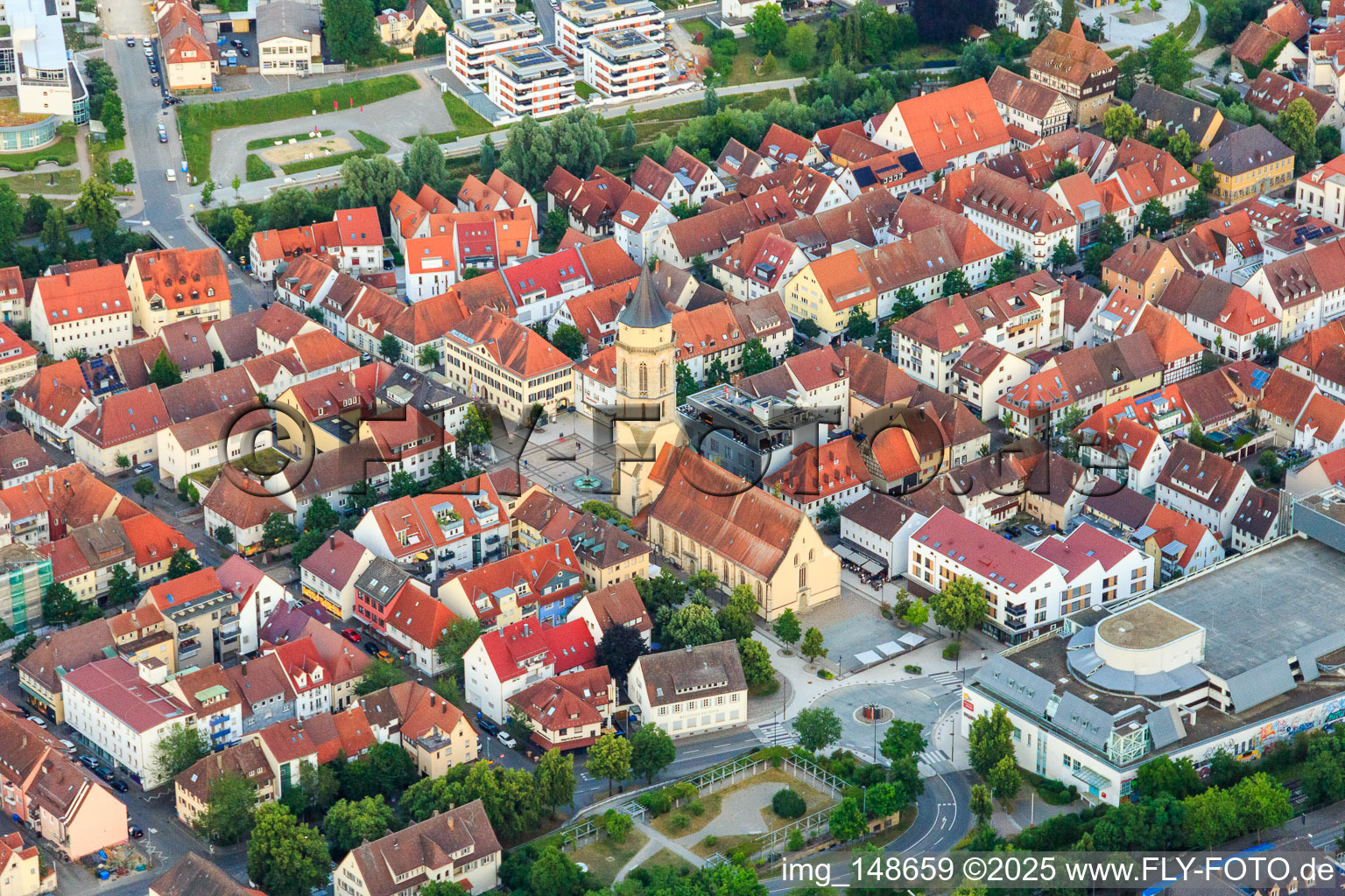 Aerial view of City center with town church on the market square in Balingen in the state Baden-Wuerttemberg, Germany