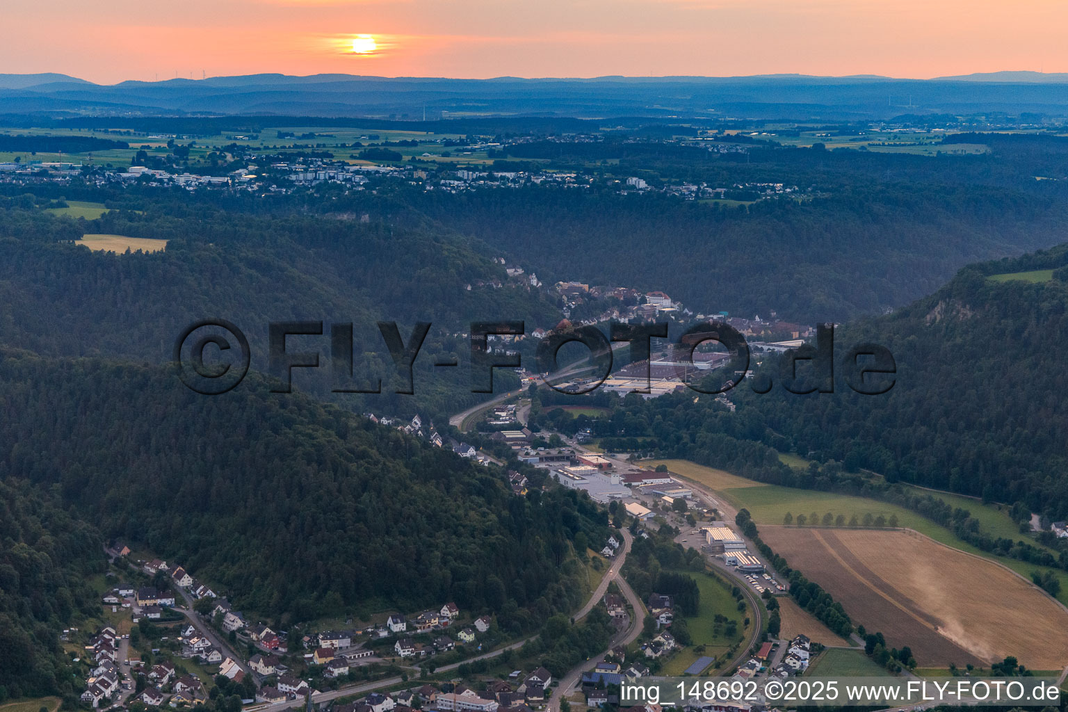 Aerial view of Neckar Valley from the southeast in the evening in the district Altoberndorf in Oberndorf am Neckar in the state Baden-Wuerttemberg, Germany
