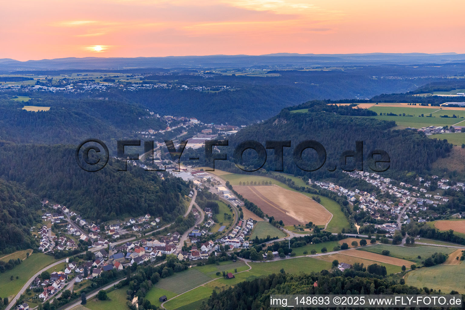 Aerial photograpy of Neckar Valley from the southeast in the evening in the district Altoberndorf in Oberndorf am Neckar in the state Baden-Wuerttemberg, Germany