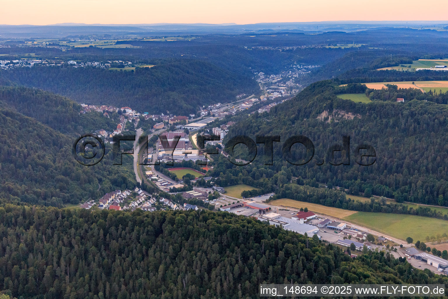 Neckar Valley from the southeast in the evening in Oberndorf am Neckar in the state Baden-Wuerttemberg, Germany
