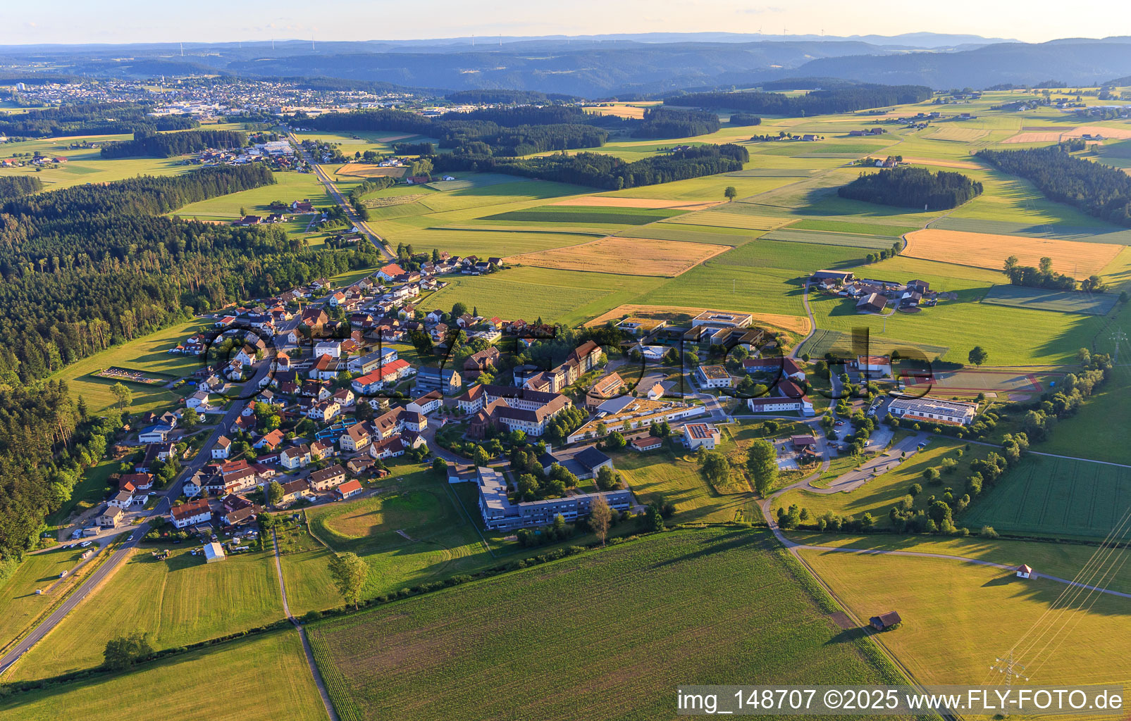 Village view from the northeast with House Pauline, House Filippo, horse stable, workshop and bakery of the St. Francis Foundation in the district Heiligenbronn in Schramberg in the state Baden-Wuerttemberg, Germany
