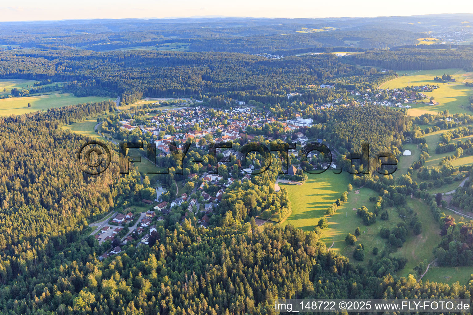 Aerial view of View of the town from the northeast in Königsfeld im Schwarzwald in the state Baden-Wuerttemberg, Germany