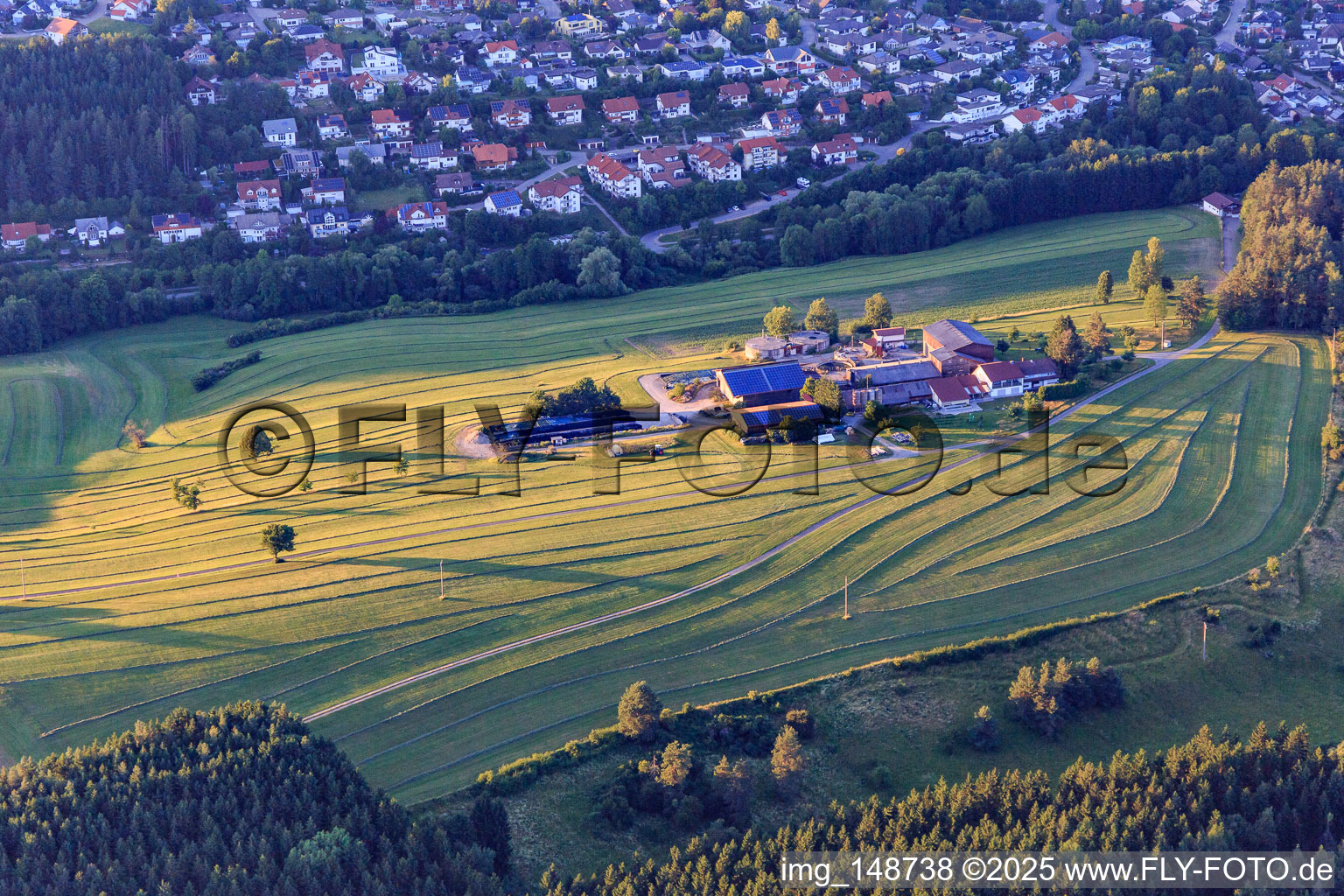 Aussiedlerhof amidst mown meadows in the evening in Niedereschach in the state Baden-Wuerttemberg, Germany