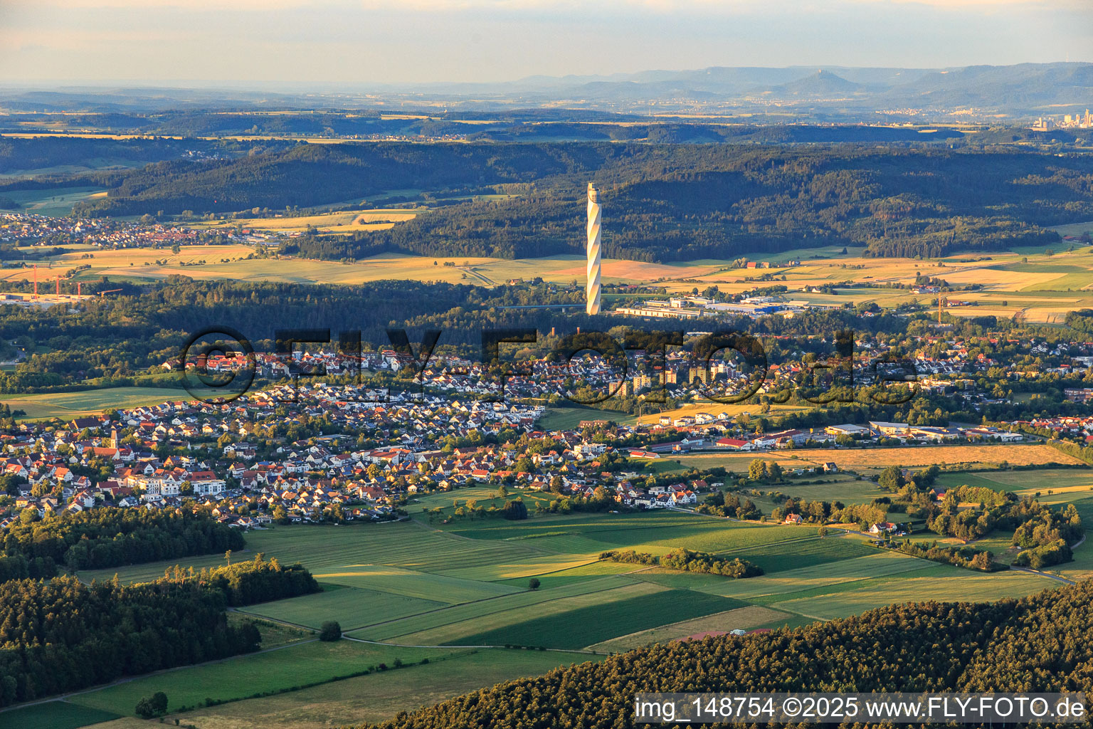 Overview of the site from the west with the elevator test tower in the background in Zimmern ob Rottweil in the state Baden-Wuerttemberg, Germany