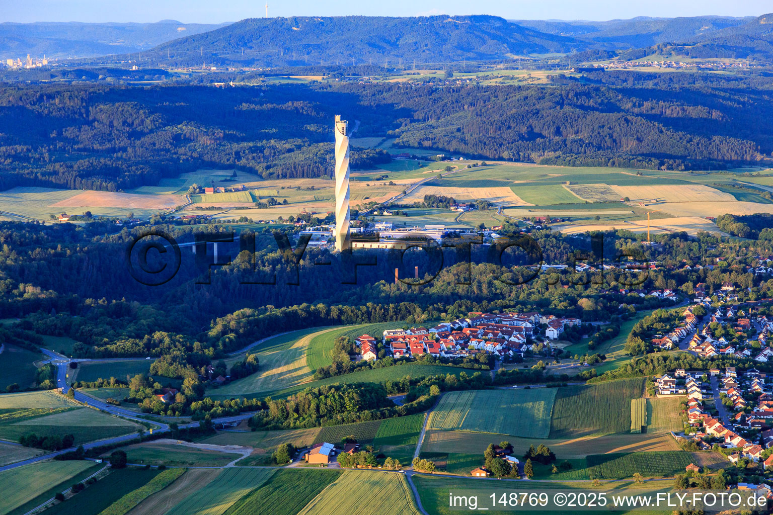 TK Elevator test tower from the west and the new development area Hegneberg (Überlinger Straße) in Rottweil in the state Baden-Wuerttemberg, Germany