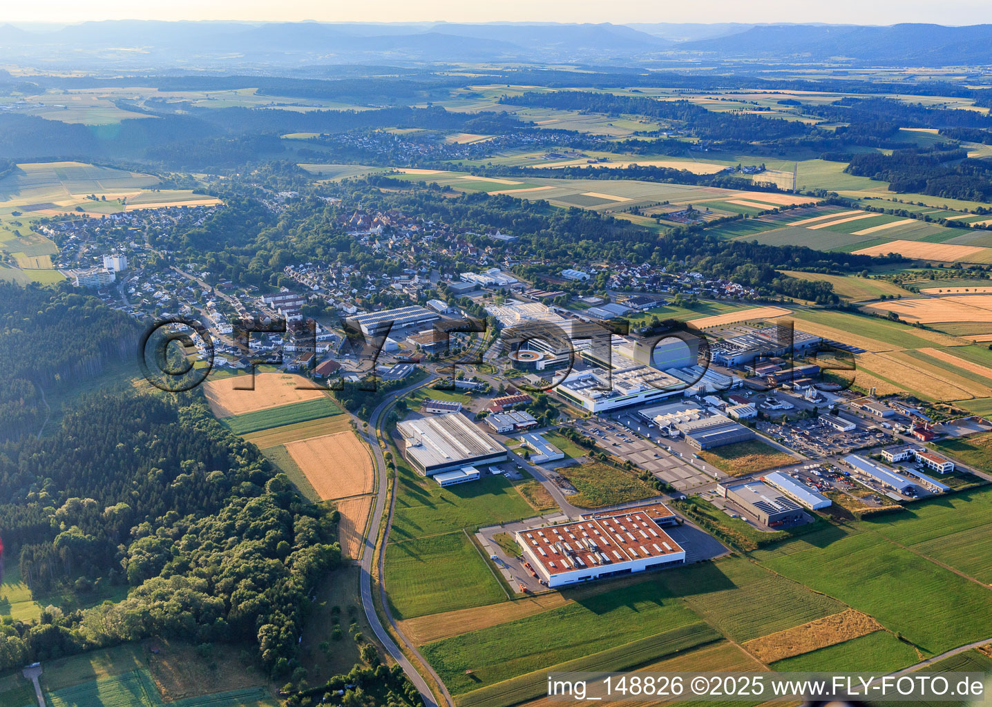 View from the west of the Maybachstraße industrial estate with Flexco Europe GmbH, euroTECH Handling GmbH, chefbeschlag GmbH, MAFU Group, and Blickle Räder+Rollen GmbH u. Co. KG in the district Bickelsberg in Rosenfeld in the state Baden-Wuerttemberg, Germany