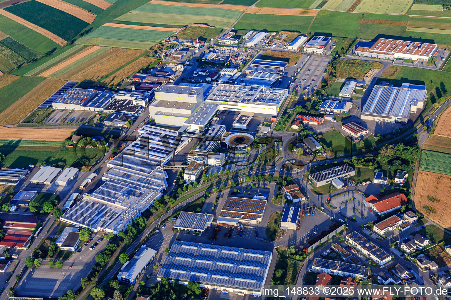 Maybachstraße industrial park with Sülzle Stahlpartner GmbH, Flexco Europe GmbH, euroTECH Handling GmbH, chefbeschlag GmbH, MAFU Group, and Blickle Räder+Rollen GmbH u. Co. KG in Rosenfeld in the state Baden-Wuerttemberg, Germany