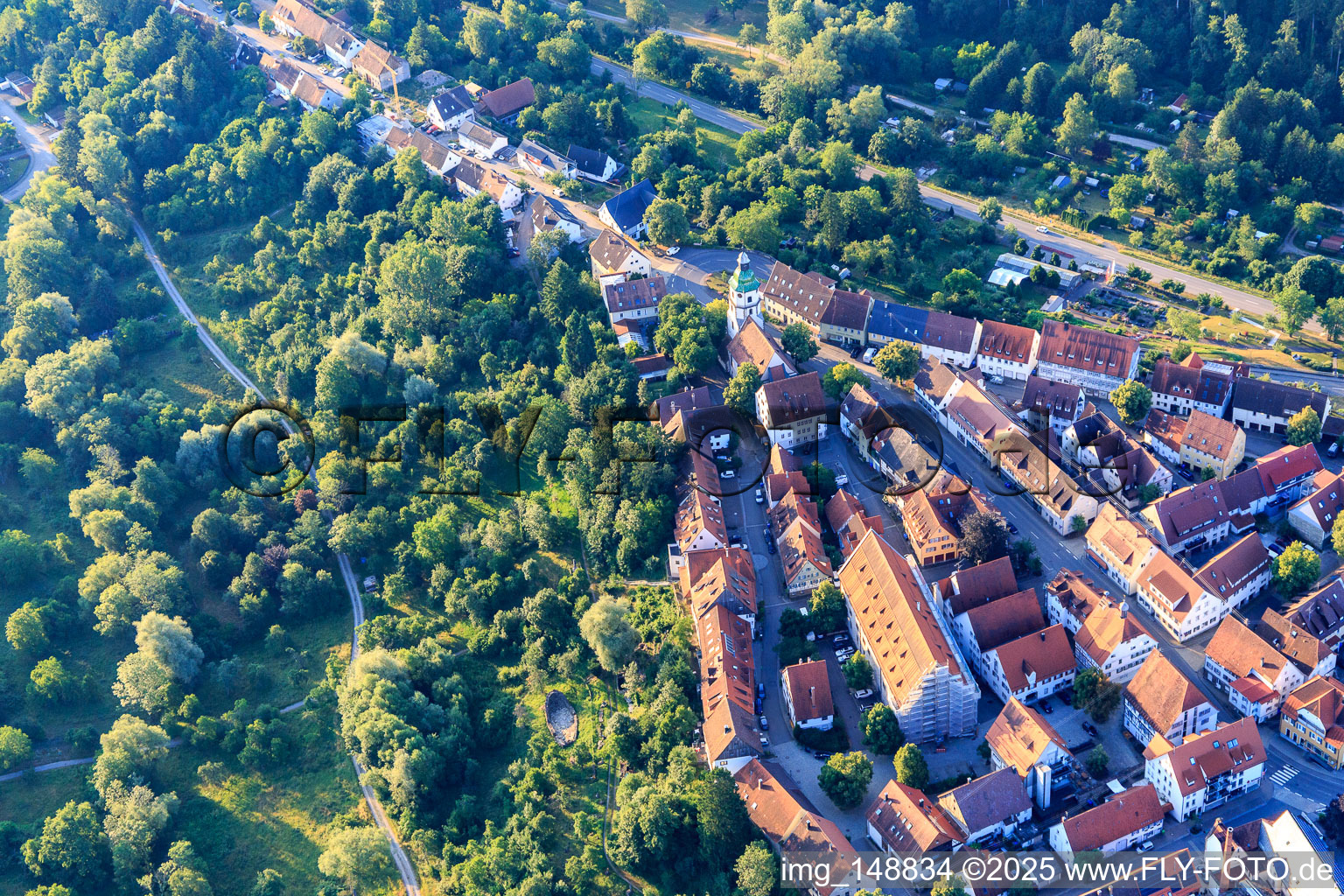 Aerial view of Historic town center with Fruchtkasten and town church in Rosenfeld in the state Baden-Wuerttemberg, Germany