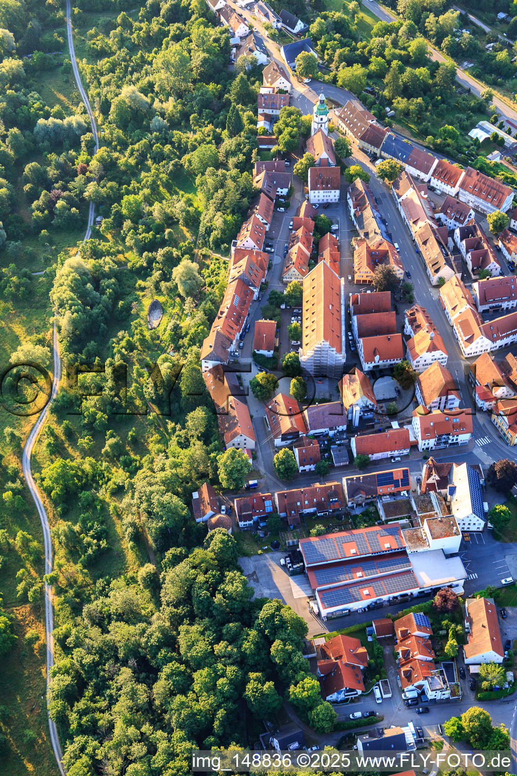 Aerial photograpy of Historic town center with Fruchtkasten and town church in Rosenfeld in the state Baden-Wuerttemberg, Germany