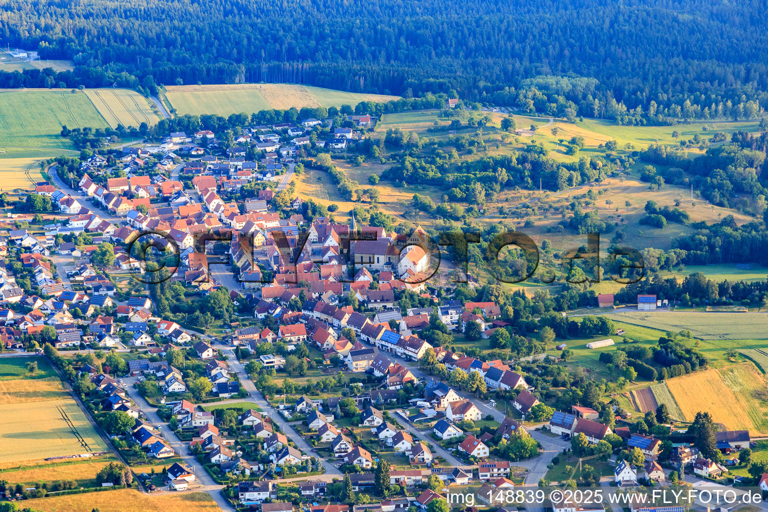 Historic town centre from the south with St. Markus Church, monastery and primary school in the district Binsdorf in Geislingen in the state Baden-Wuerttemberg, Germany