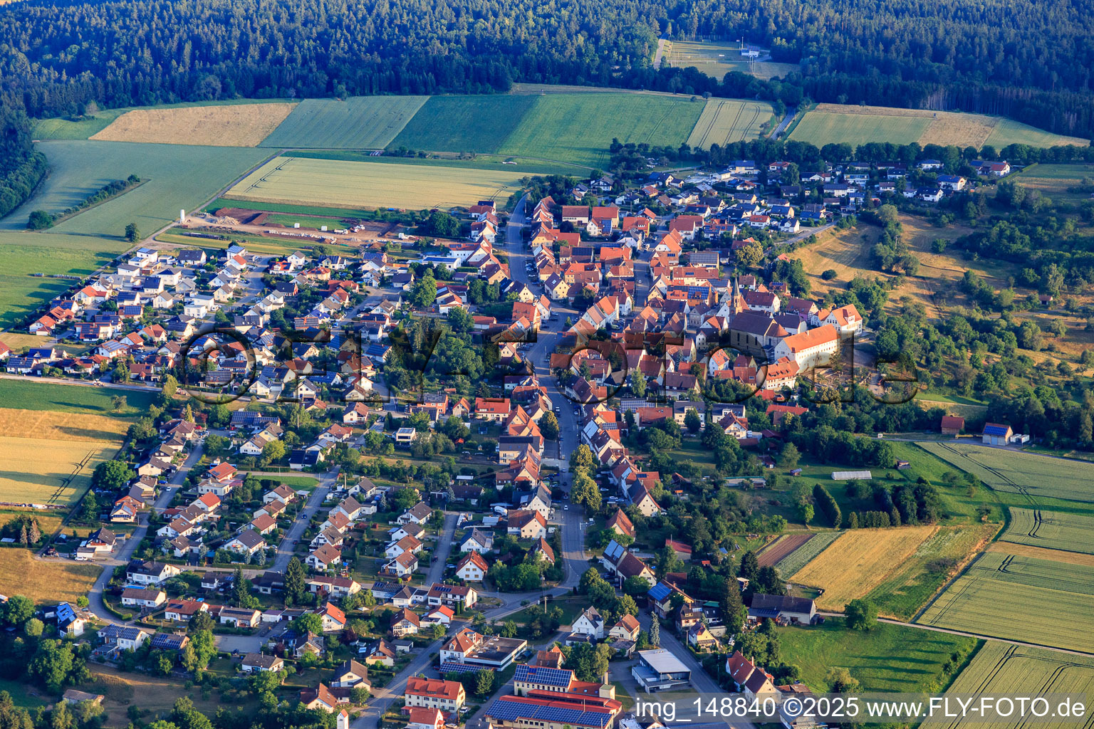 Aerial view of Historic town centre from the south with St. Markus Church, monastery and primary school in the district Binsdorf in Geislingen in the state Baden-Wuerttemberg, Germany