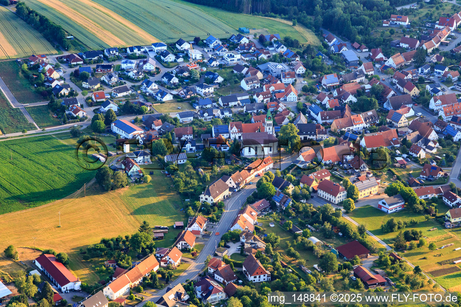 Village center with St. Silvester Church in the district Erlaheim in Geislingen in the state Baden-Wuerttemberg, Germany