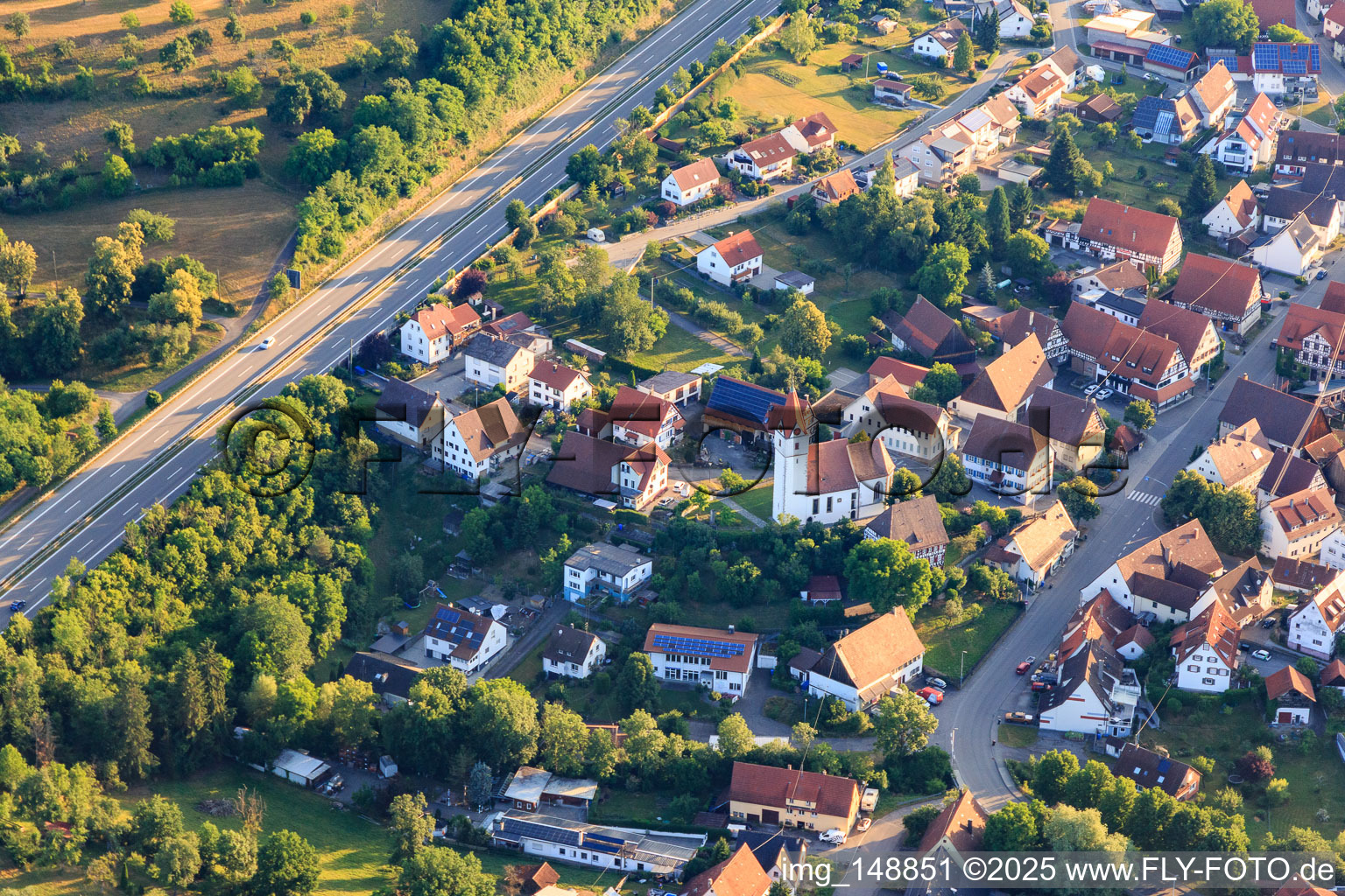 View of the town with St. Peters Church from the south on this side of the B27 in the district Engstlatt in Balingen in the state Baden-Wuerttemberg, Germany