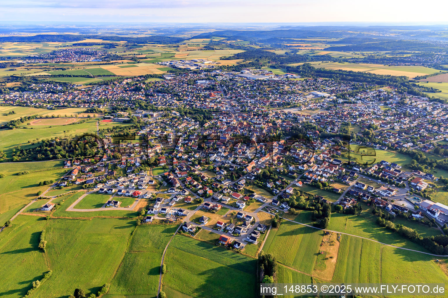 View of the town from the south in the district Steinhofen in Bisingen in the state Baden-Wuerttemberg, Germany