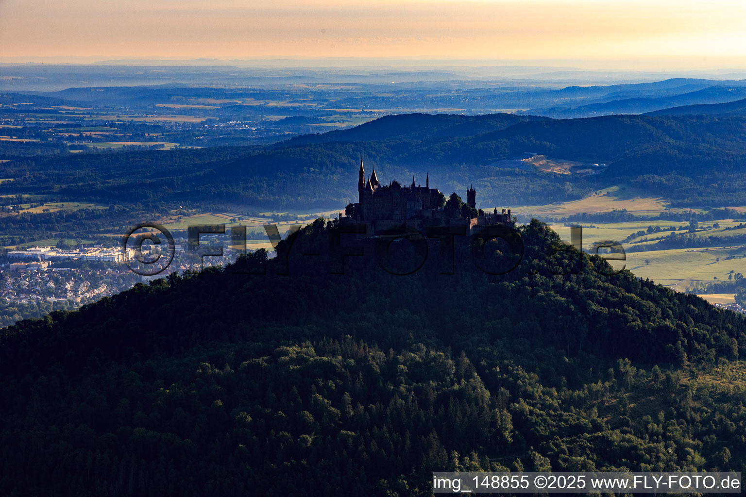 Hohenzollern Castle from the south in the district Zimmern in Bisingen in the state Baden-Wuerttemberg, Germany