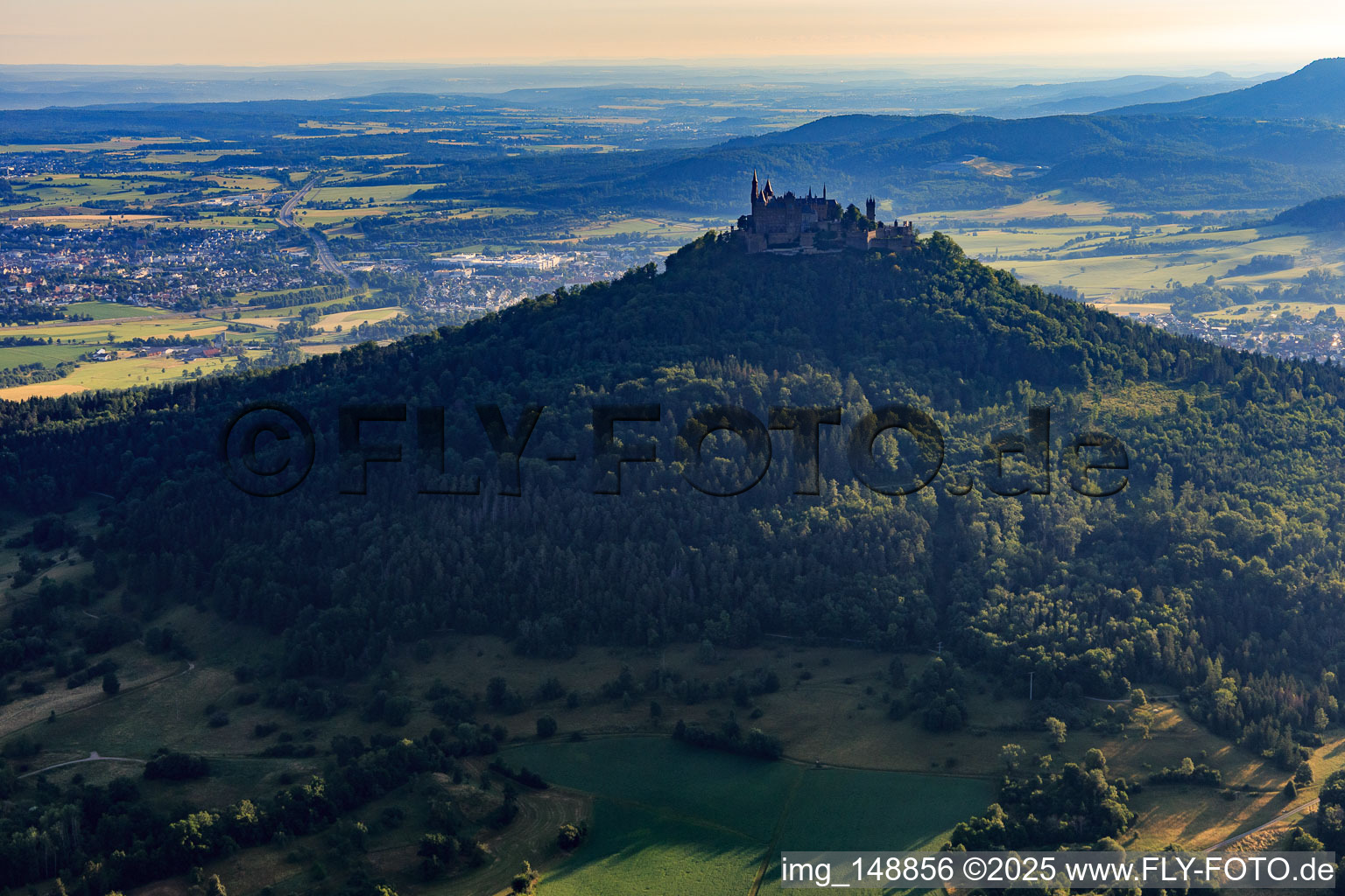 Aerial view of Hohenzollern Castle from the south in the district Zimmern in Bisingen in the state Baden-Wuerttemberg, Germany