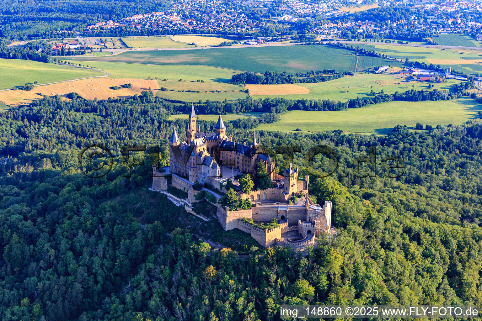 Hohenzollern Castle from the southeast in the district Zimmern in Bisingen in the state Baden-Wuerttemberg, Germany