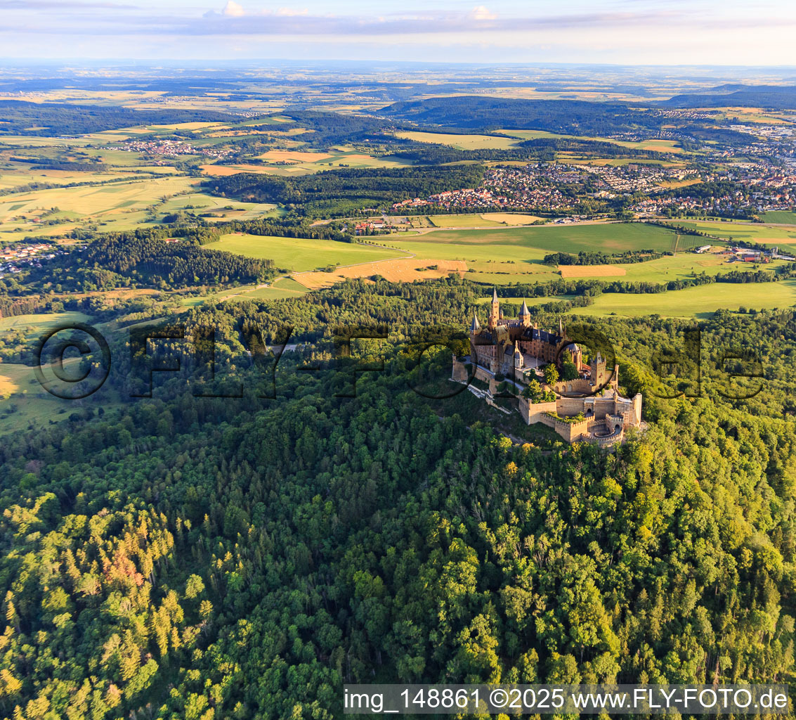 Aerial view of Hohenzollern Castle from the southeast in the district Zimmern in Bisingen in the state Baden-Wuerttemberg, Germany