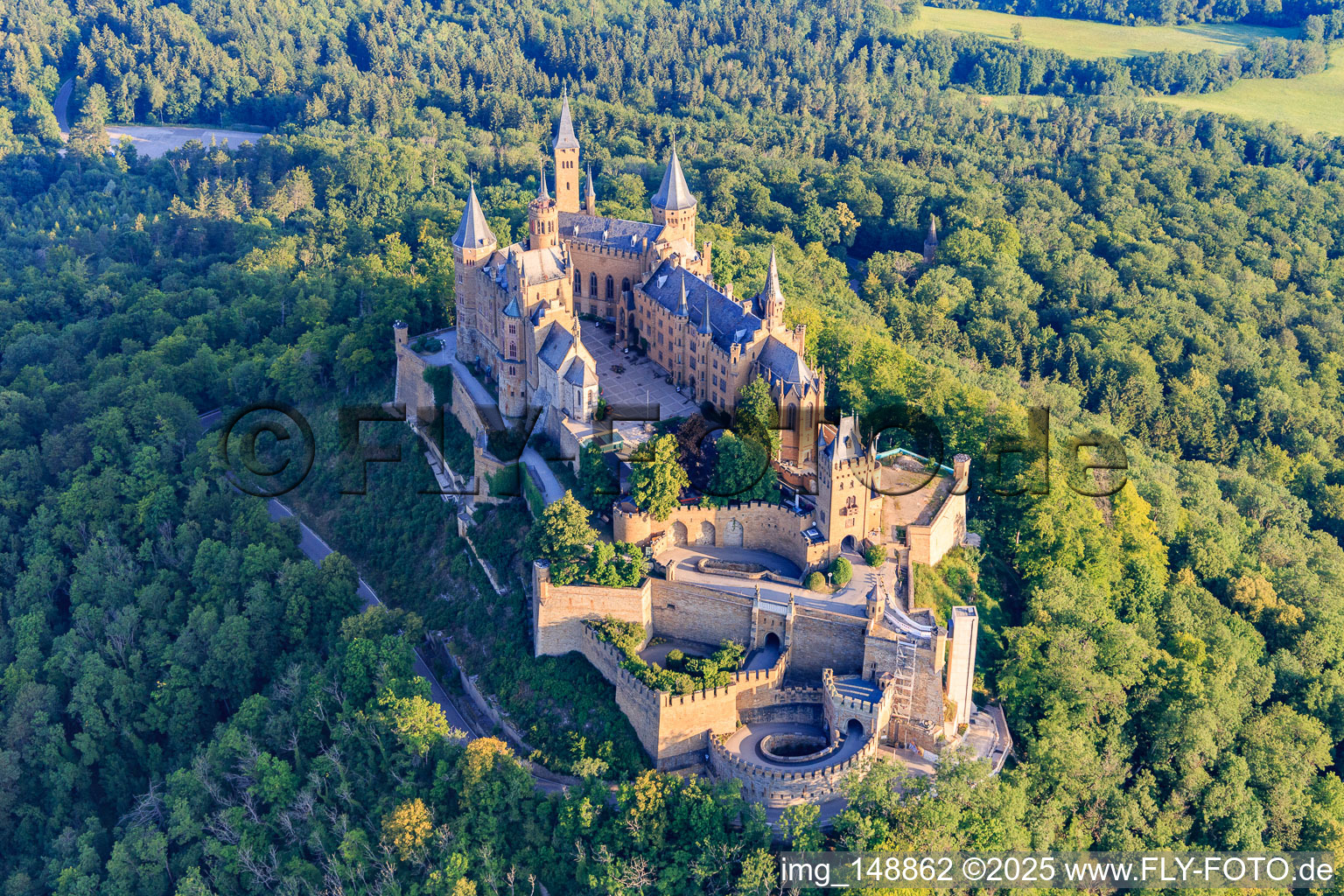 Aerial photograpy of Hohenzollern Castle from the southeast in the district Zimmern in Bisingen in the state Baden-Wuerttemberg, Germany