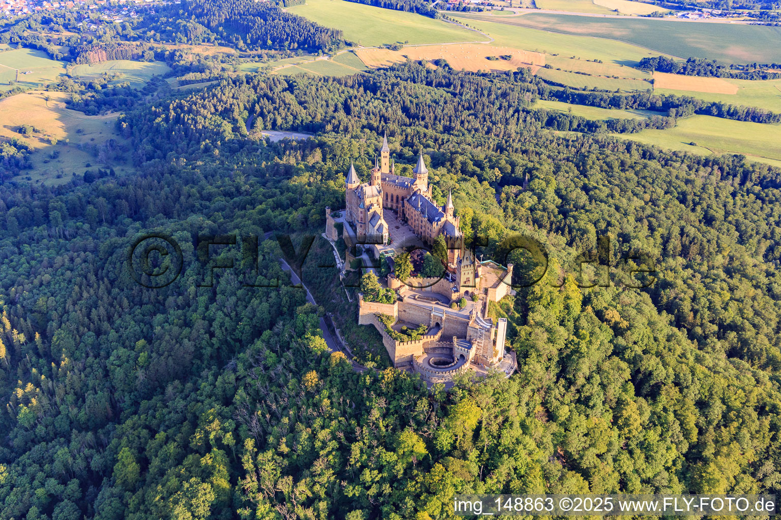 Oblique view of Hohenzollern Castle from the southeast in the district Zimmern in Bisingen in the state Baden-Wuerttemberg, Germany