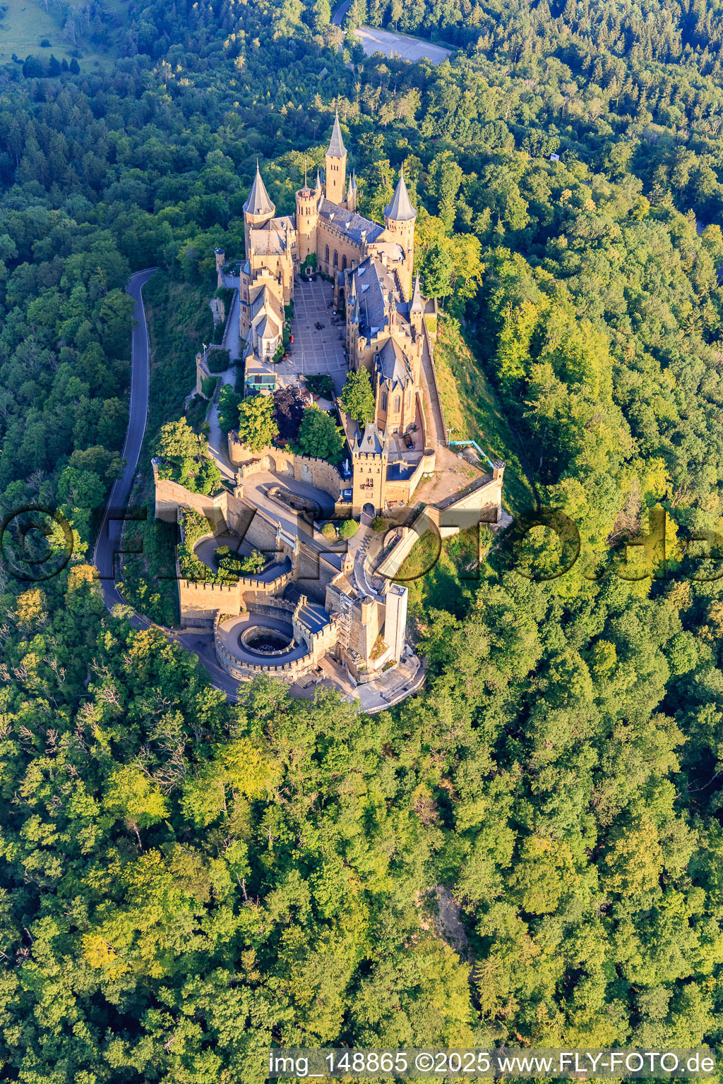 Hohenzollern Castle from the southeast in the district Zimmern in Bisingen in the state Baden-Wuerttemberg, Germany from above