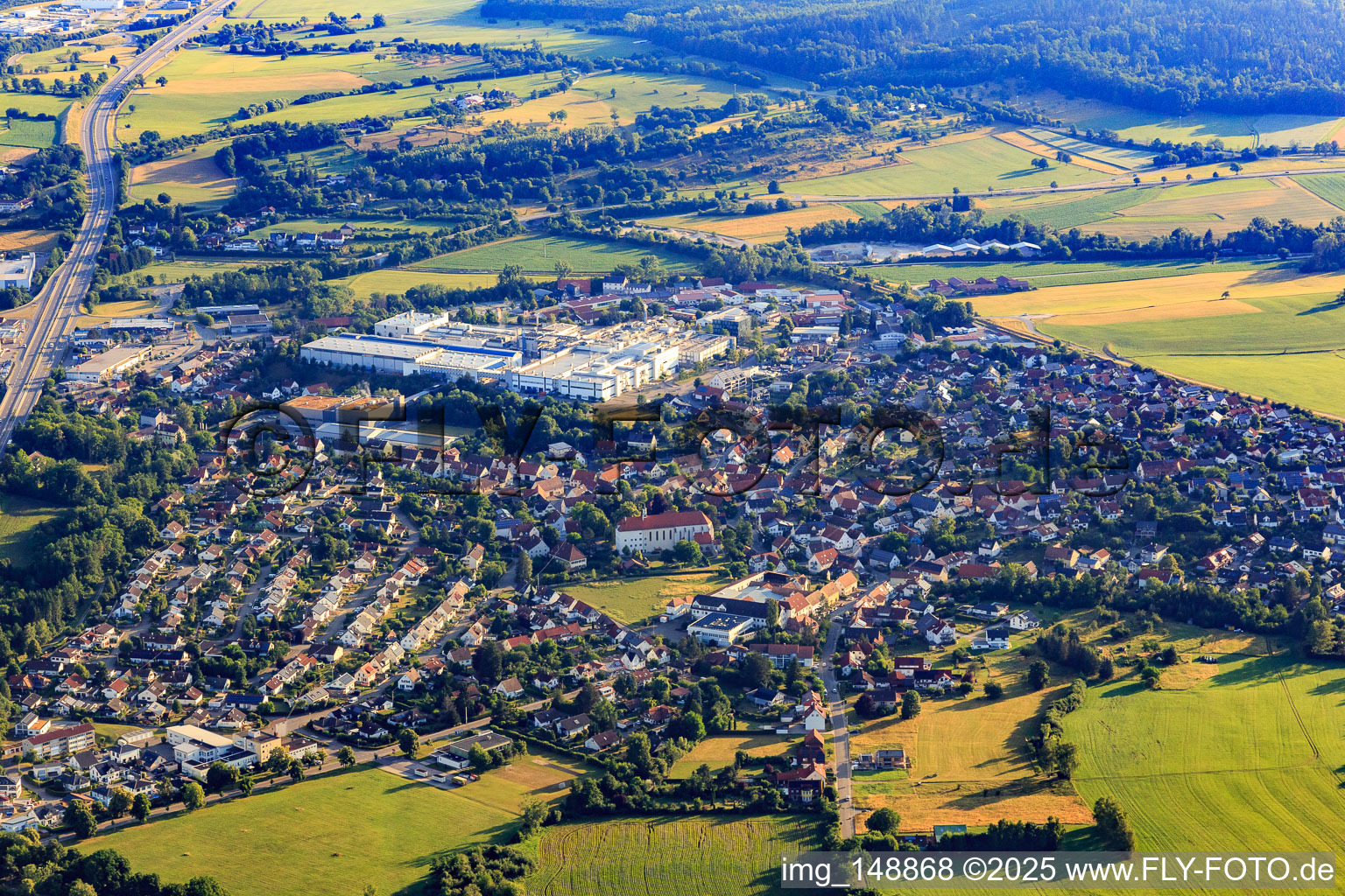 Aerial view of View of the town from the south in Hechingen in the state Baden-Wuerttemberg, Germany