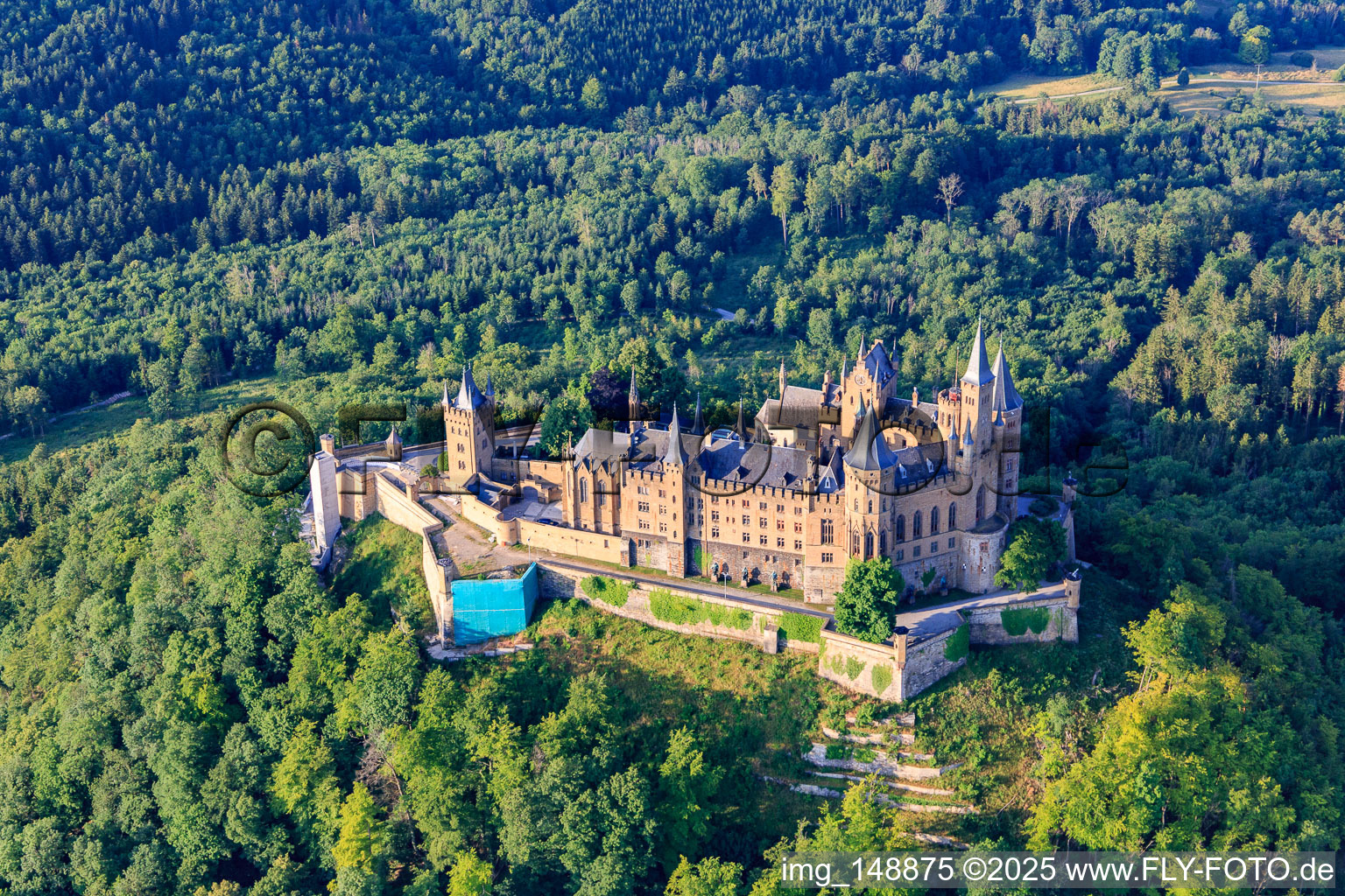 Aerial view of Hohenzollern Castle from the north in the district Boll in Hechingen in the state Baden-Wuerttemberg, Germany