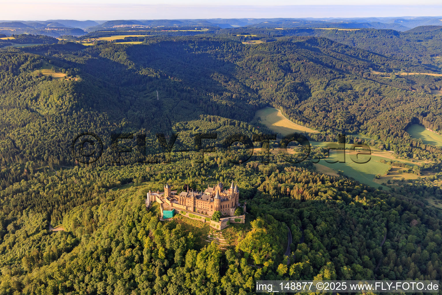 Aerial photograpy of Hohenzollern Castle from the north in the district Boll in Hechingen in the state Baden-Wuerttemberg, Germany