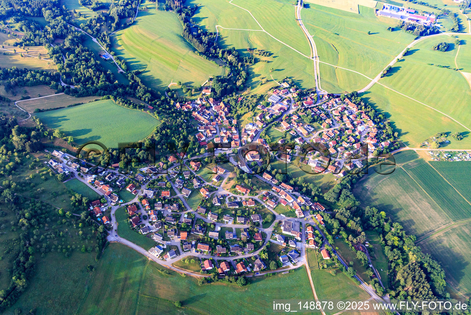 Village overview from the north in the district Zimmern in Bisingen in the state Baden-Wuerttemberg, Germany